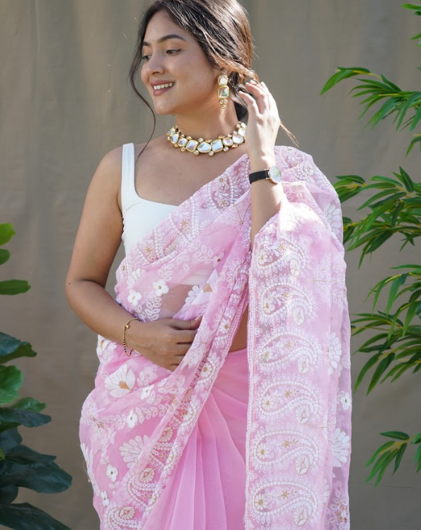 Women's Amisha Pink Organza Saree  - Vamsee
