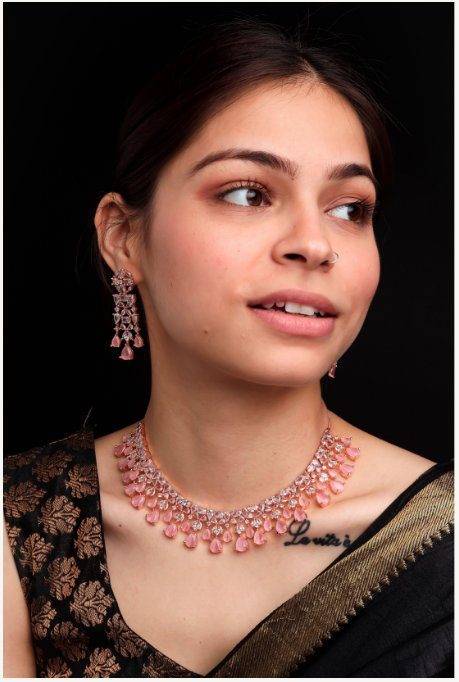 Women's Modern Cubic Zirconia Necklace Set with Flower Drop Earrings