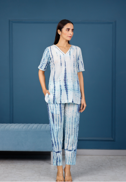 Women's White With Blue Shibhori Hand Printed Top With Pants