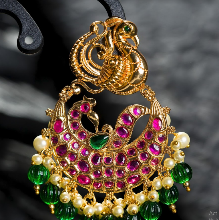 Women's Gold Plated Contemporary Chandbalis Earrings With Emerald Droppings