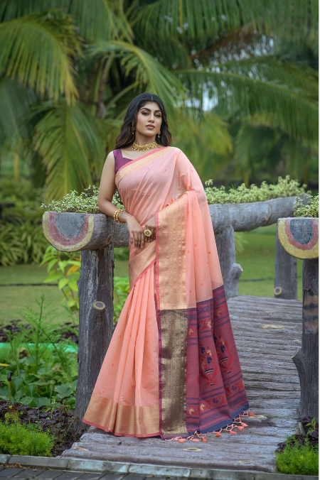 Women's Peach Jacquard Weaving Linen Saree with Tassels - Vishnu Weaves