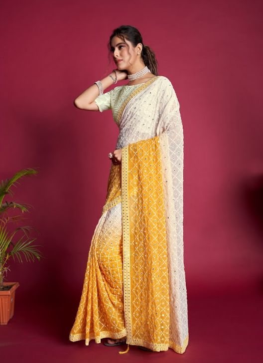 Women's Yellow Sequence Yellow Georgette Saree  - Vamsee