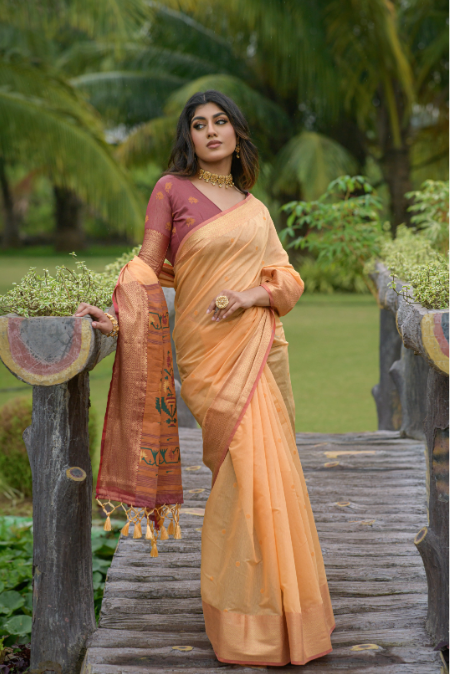 Women's Orange Jacquard Weaving Linen Saree with Tassels - Vishnu Weaves