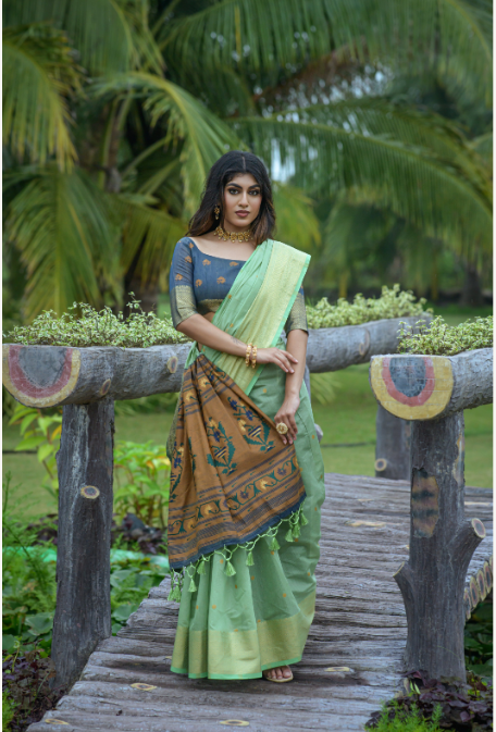 Women's Sea Green Jacquard Weaving Linen Saree with Tassels - Vishnu Weaves