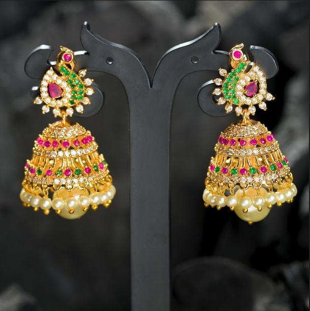 Women's Gold Plated Contemporary Peacock Cz Jumki Hanging Earrings