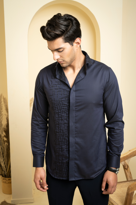 Men's Navy Blue Color Diam Full Sleeves Shirt