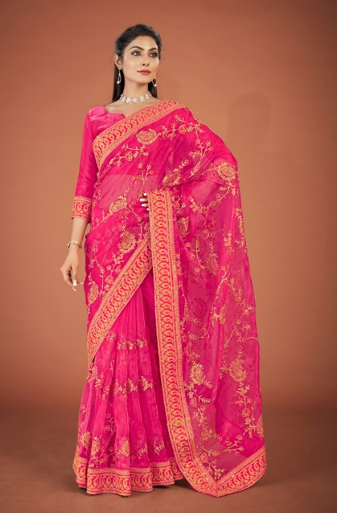 Women's Deepika Pink Organza Saree  - Vamsee