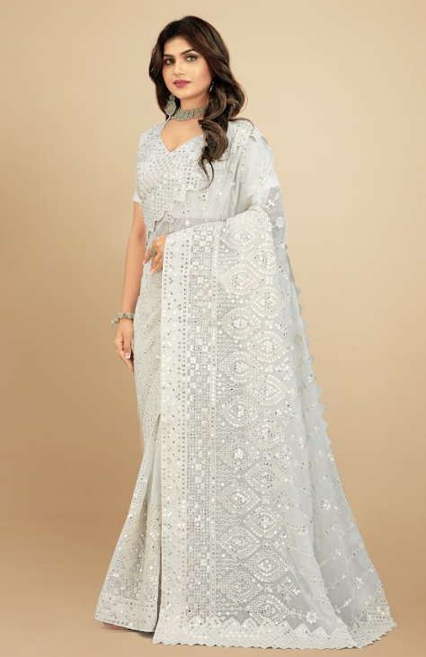 Women's Vaani White Georgette Saree