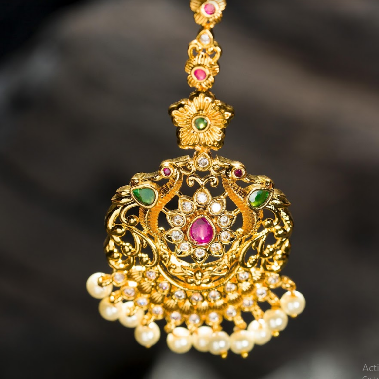 Women's Gold Plated Pink Green Rich Maang Tika For And Girls With Pearl Droppings