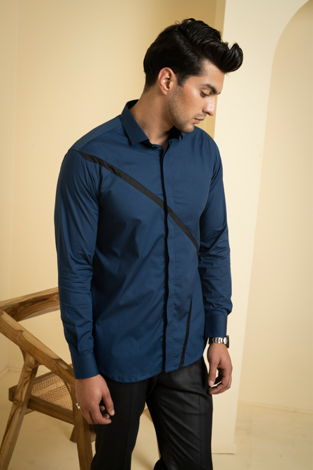 Men's Blue Color Cross Reim Shirt Full Sleeves Casual Shirt - Hilo Design