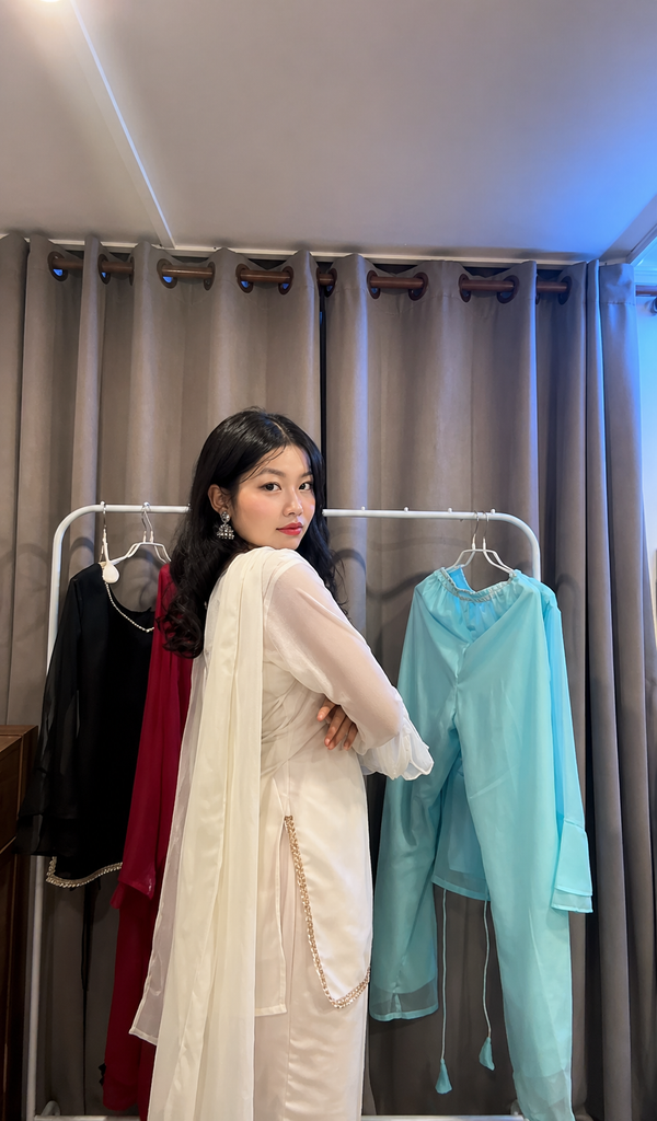 Women's Off White Kurta Set with Palazzo & Sheer Sleeves With Dupatta