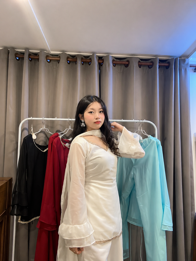 Women's Off White Kurta Set with Palazzo & Sheer Sleeves With Dupatta