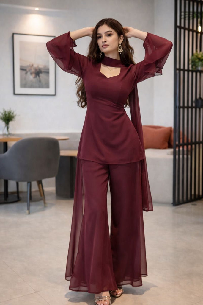 Women's Wine Georgette Kurti Set with Palazzo & Sheer Dupatta