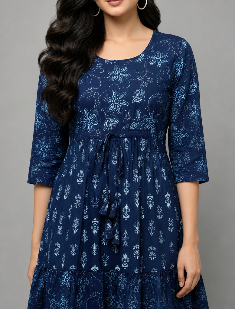 Women's Blue Cotton Printed Dress