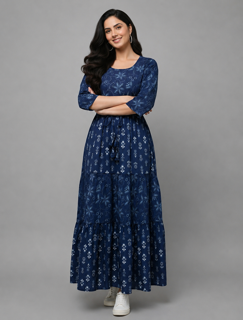 Women's Blue Cotton Printed Dress