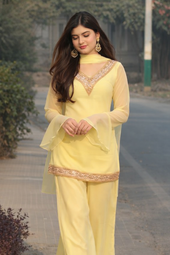 Women's Lemon Yellow Georgette Kurta Set with Palazzo & Dupatta – Gold Embroidered Border