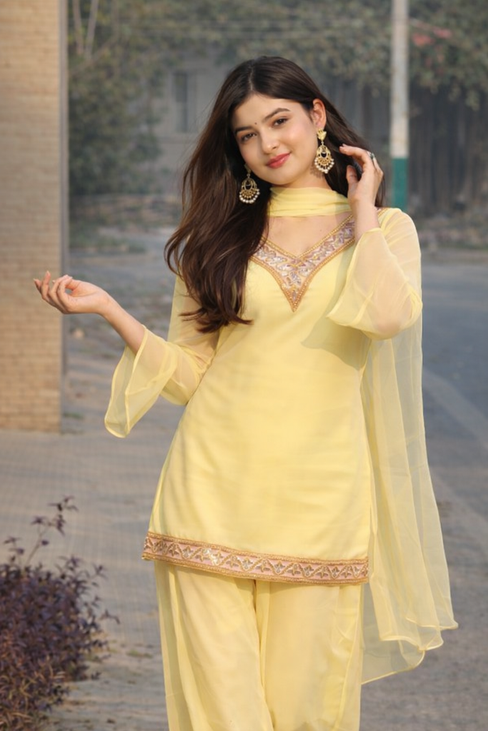 Women's Lemon Yellow Georgette Kurta Set with Palazzo & Dupatta – Gold Embroidered Border