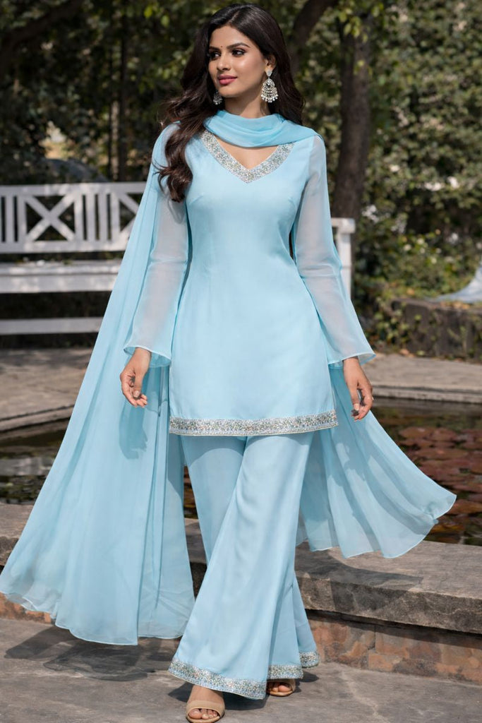 Women's Blue Embellished Kurta with Flared Palazzo Set