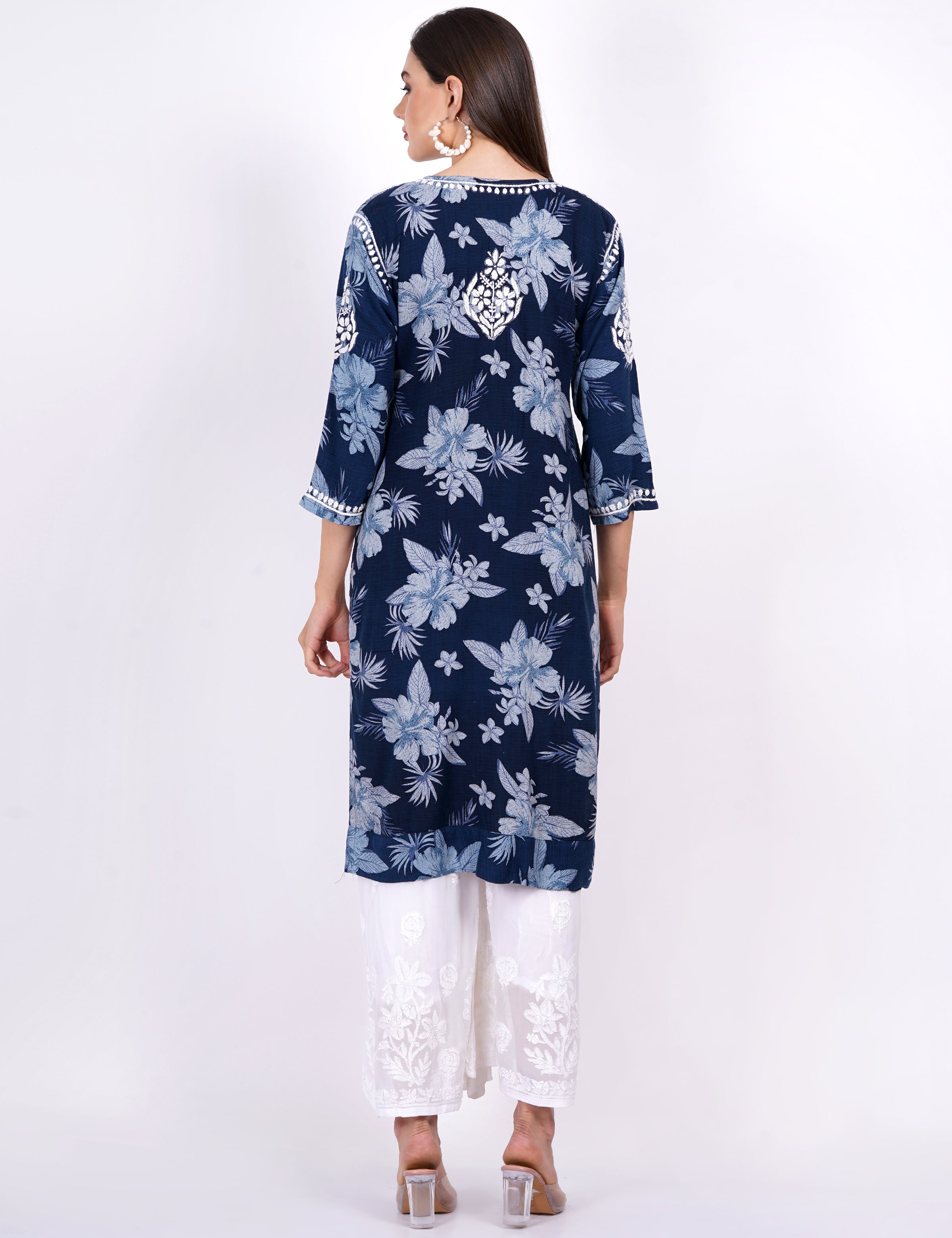 Women's Rayon Navy Blue Printed Chikankari Kurti