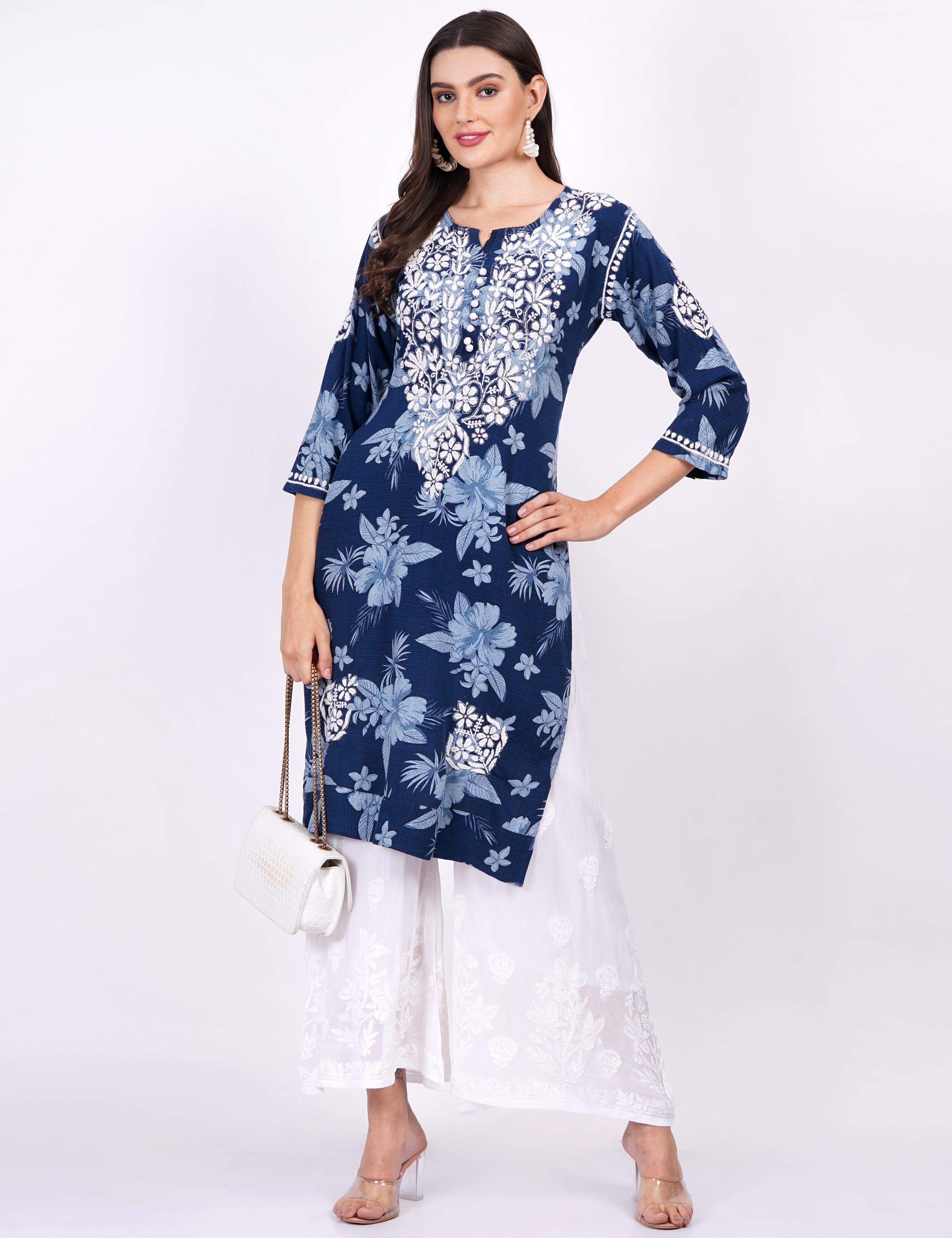 Women's Rayon Navy Blue Printed Chikankari Kurti