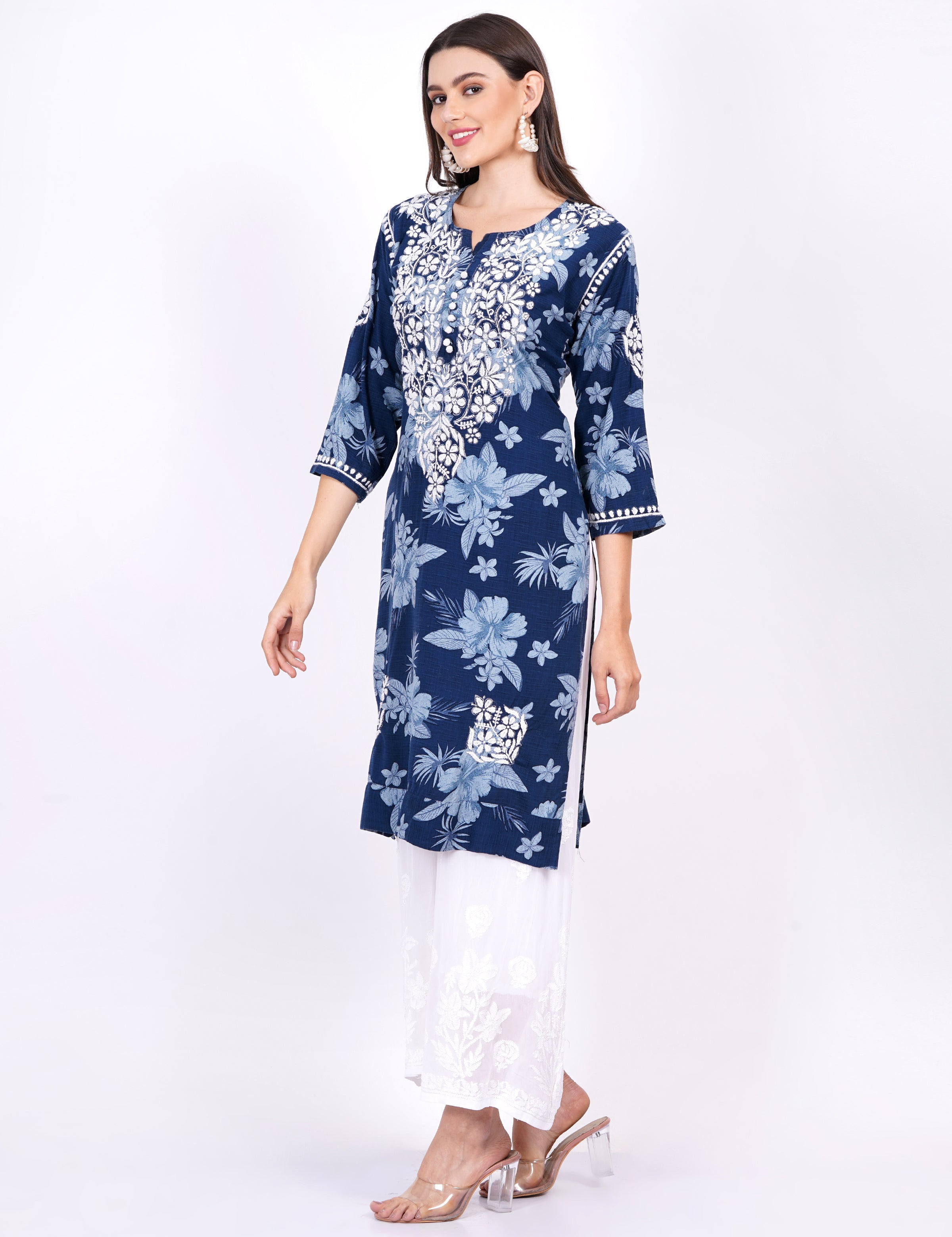 Women's Rayon Navy Blue Printed Chikankari Kurti
