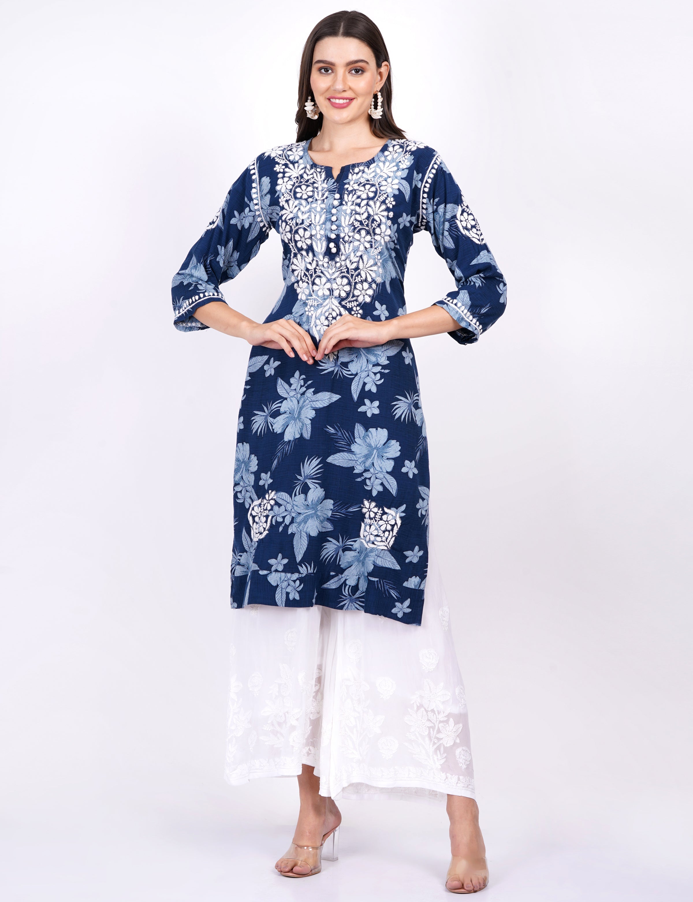 Women's Rayon Navy Blue Printed Chikankari Kurti