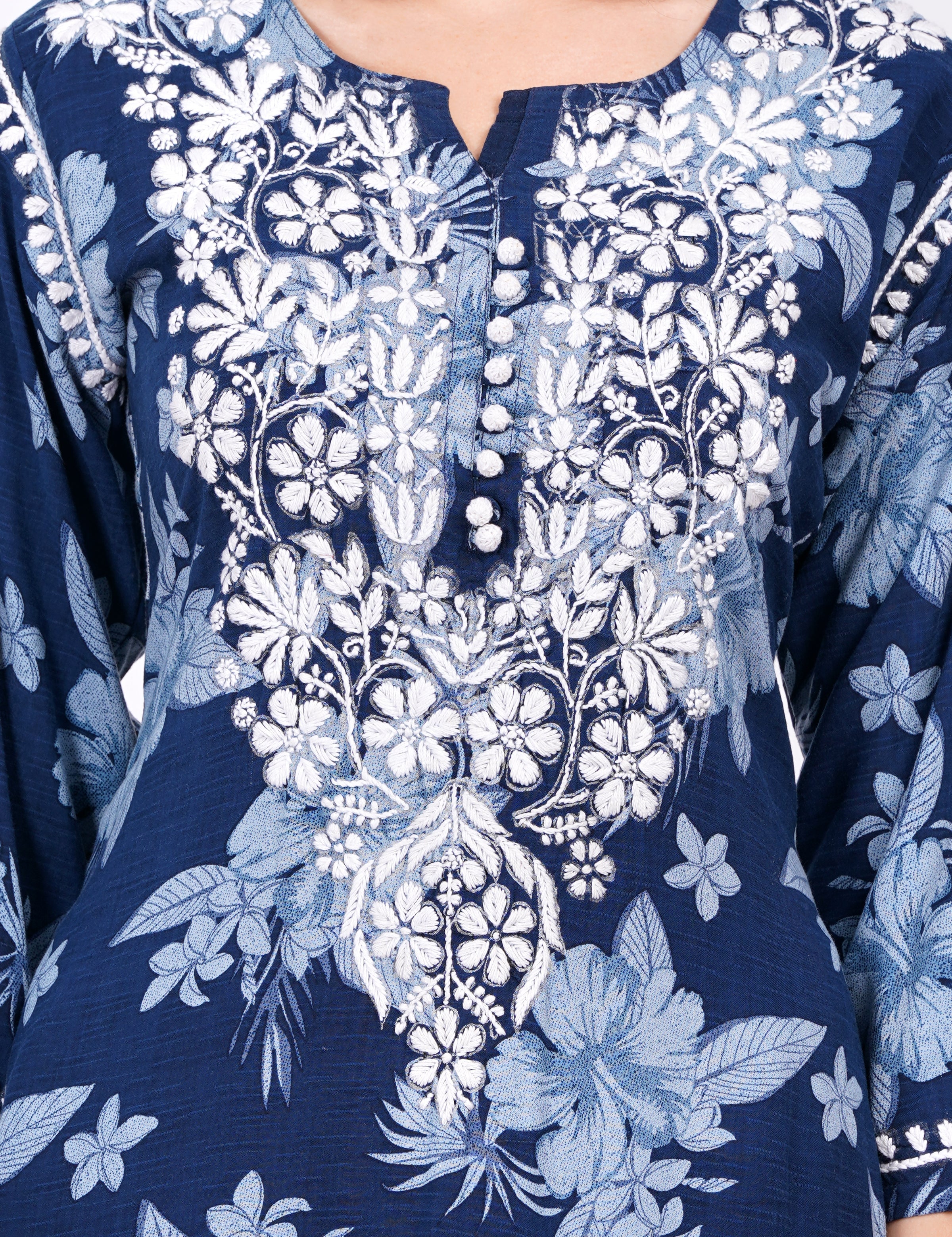 Women's Rayon Navy Blue Printed Chikankari Kurti
