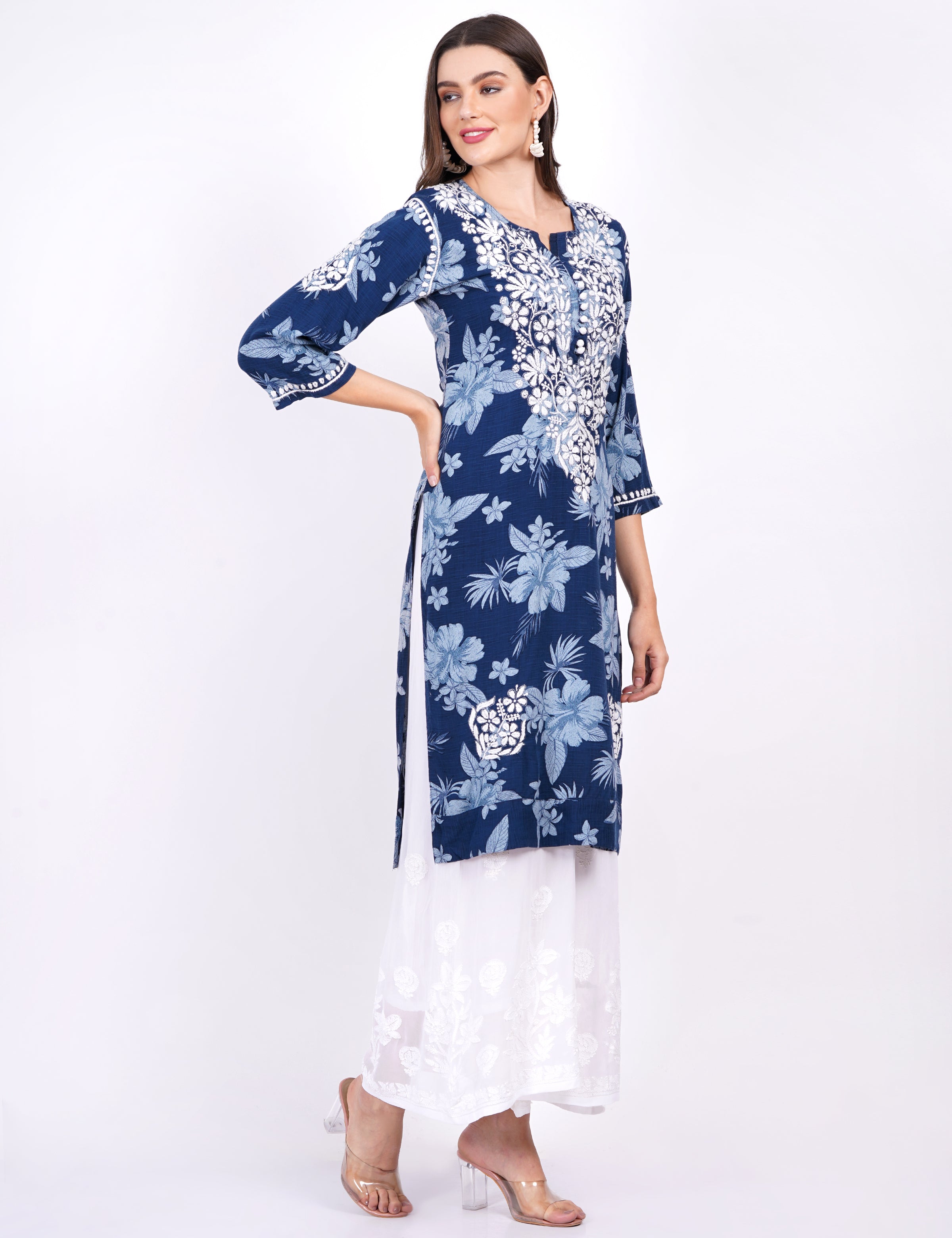 Women's Rayon Navy Blue Printed Chikankari Kurti