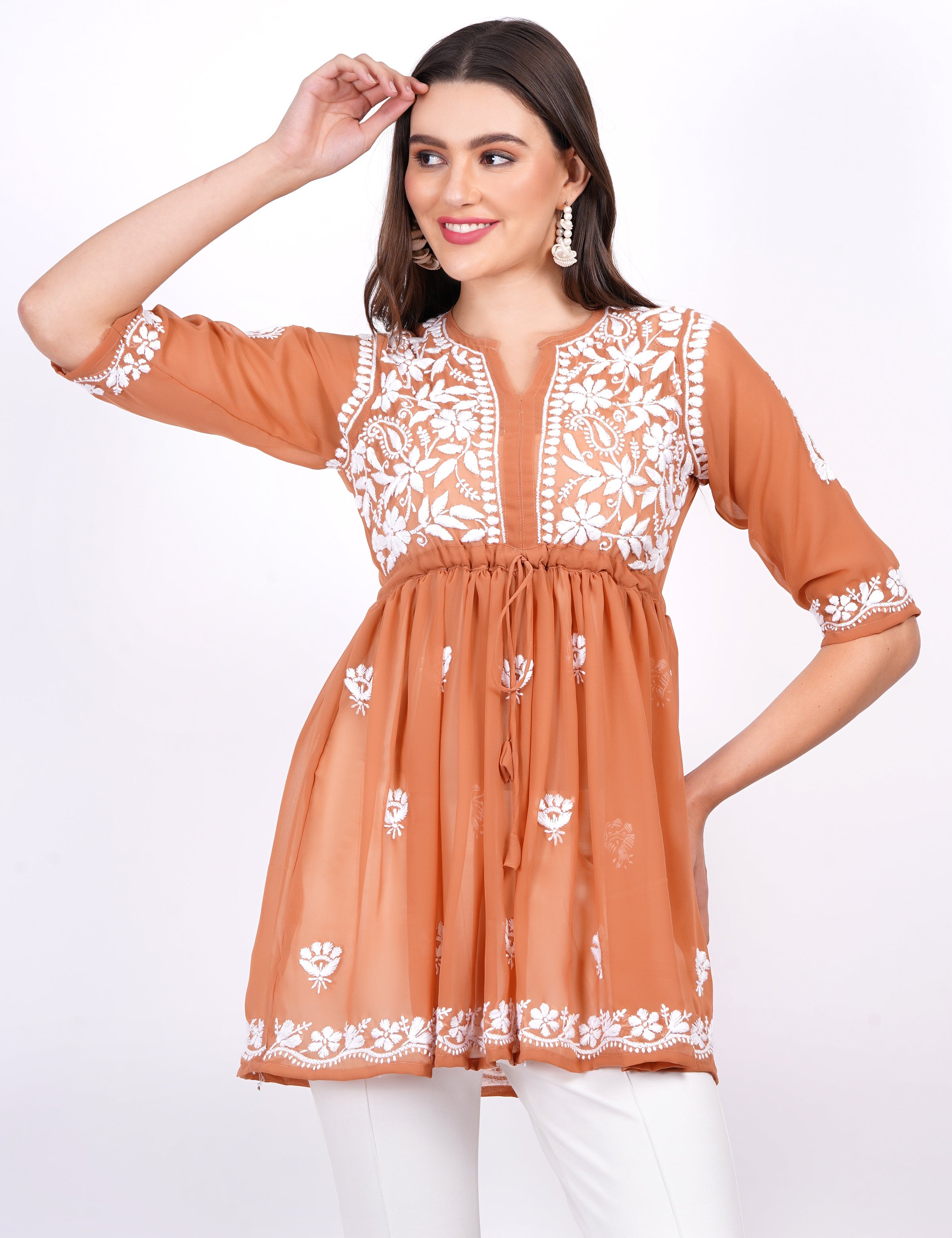 Women's Dark Orange Georgette Chikankari Peplum Dress