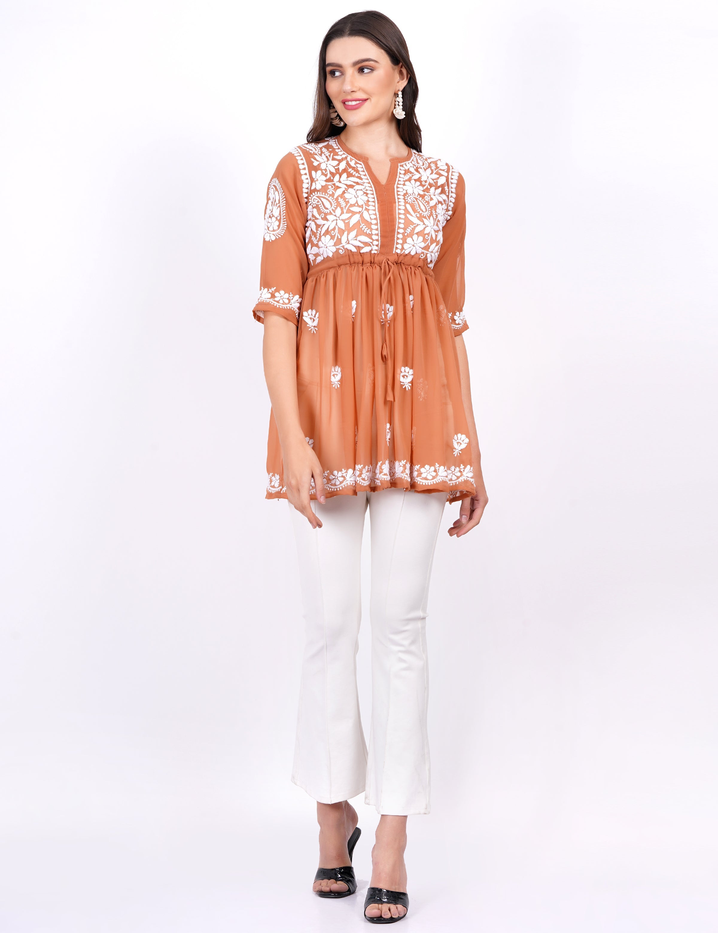 Women's Dark Orange Georgette Chikankari Peplum Dress