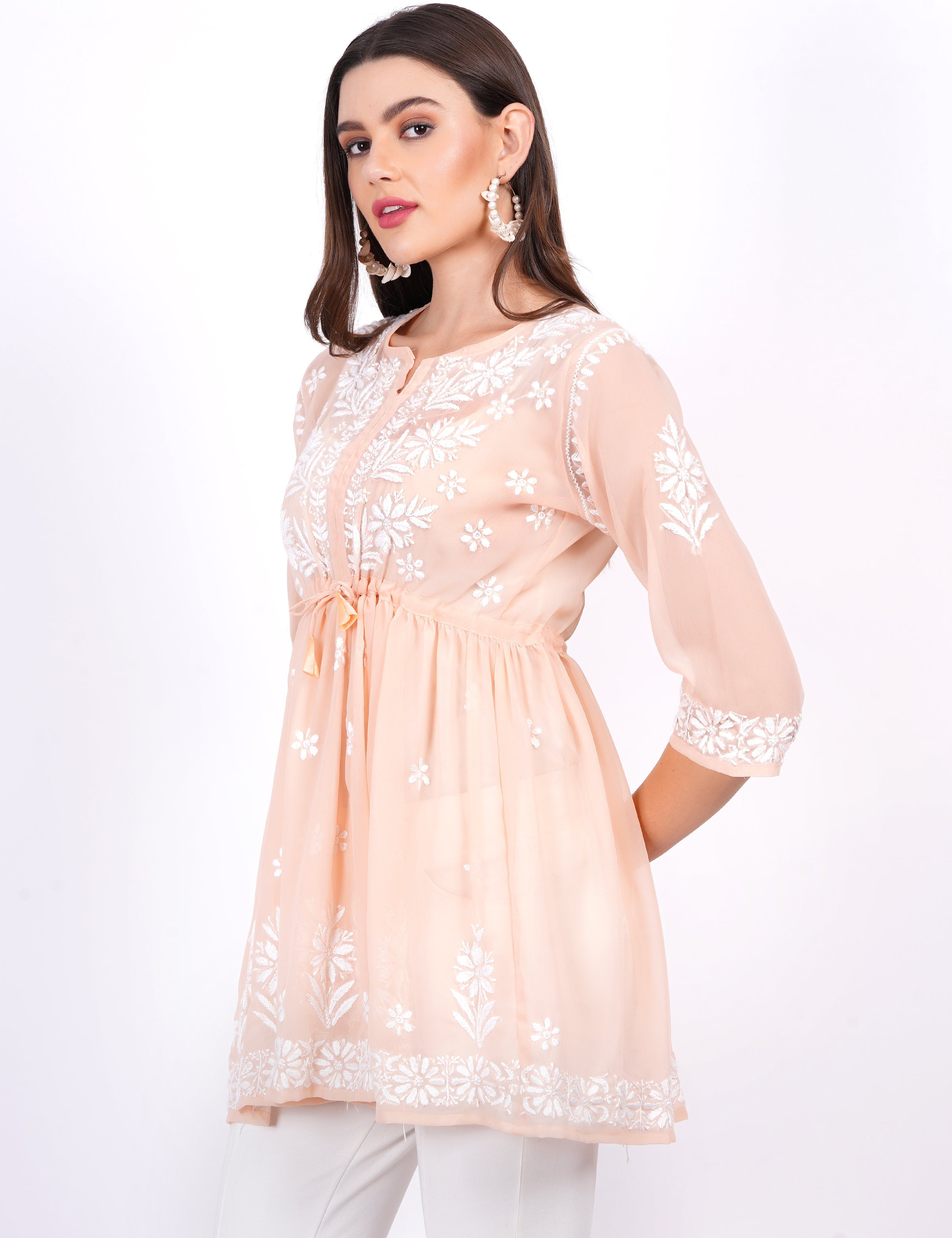 Women's Skin Color Georgette Chikankari Peplum Dress