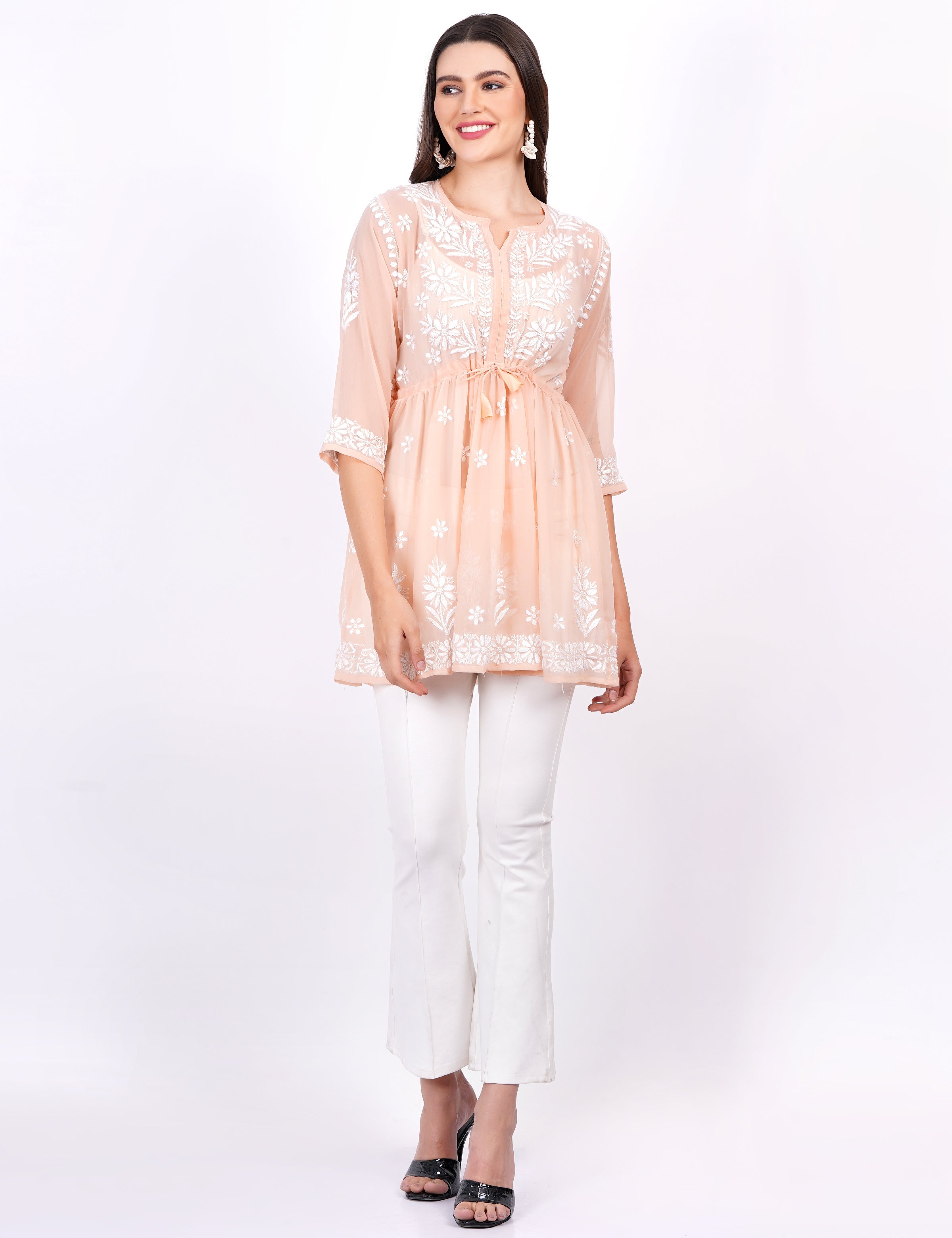 Women's Skin Color Georgette Chikankari Peplum Dress
