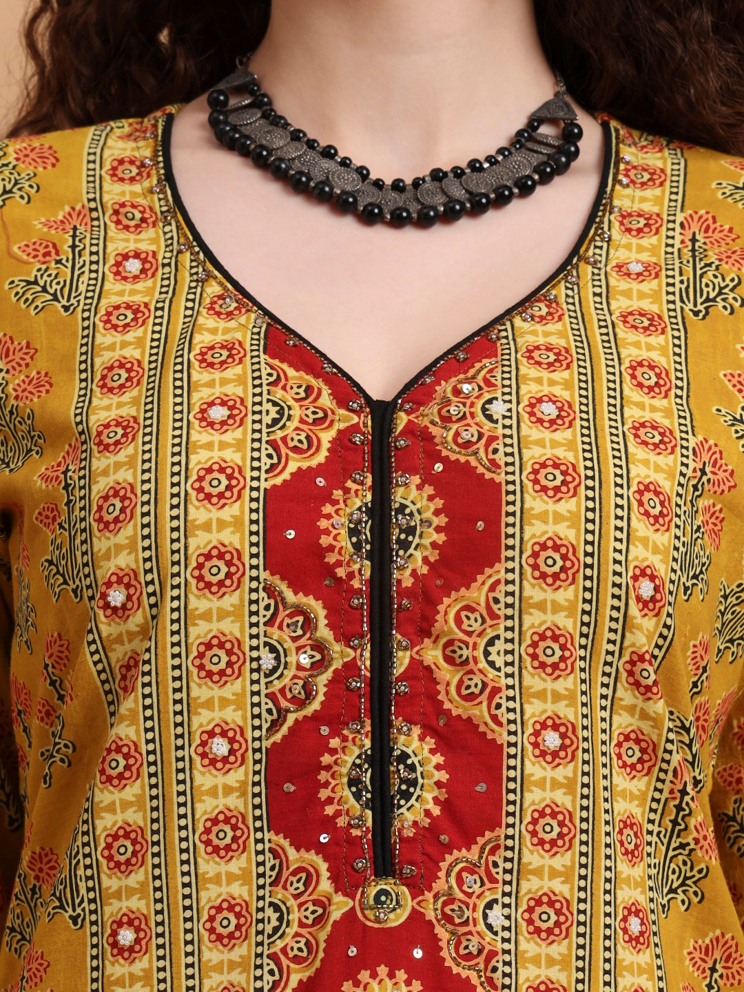 Women's Hand Block Prints White Ajrak Print Zardosi Embroidery Kurta