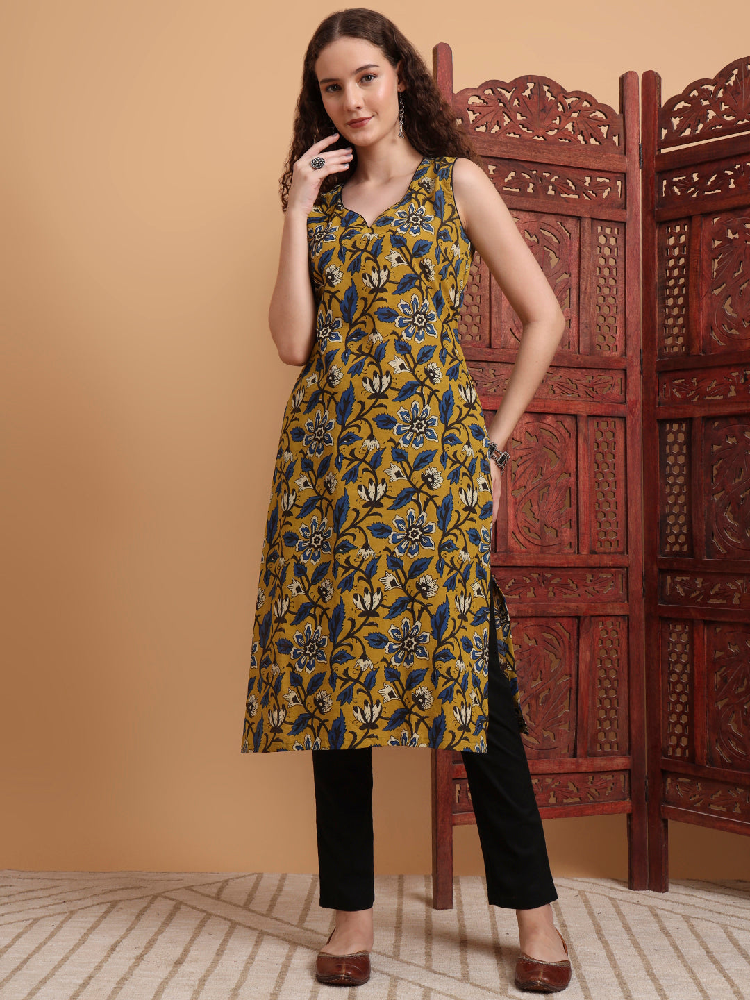 Women's Hand Block Mustard Printed Kurta