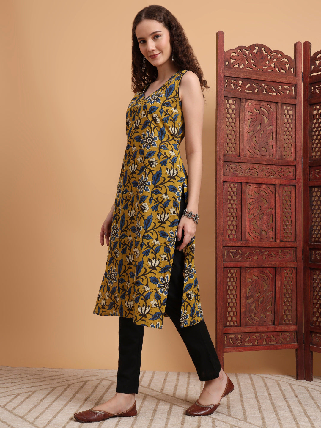 Women's Hand Block Mustard Printed Kurta
