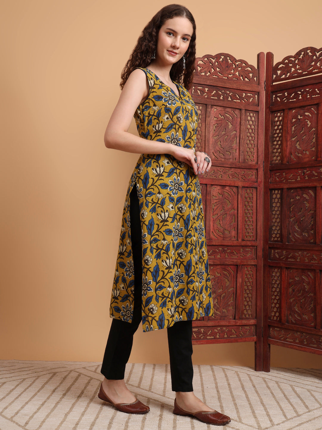 Women's Hand Block Mustard Printed Kurta