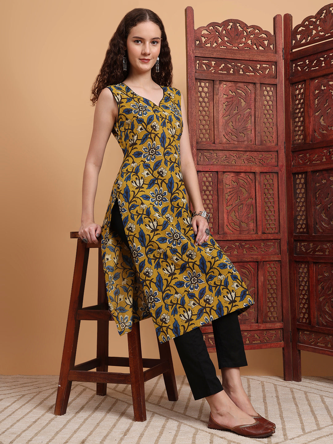Women's Hand Block Mustard Printed Kurta