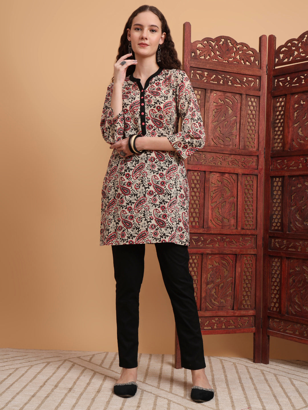 Women's Hand Block Prints Cream Color Kurti