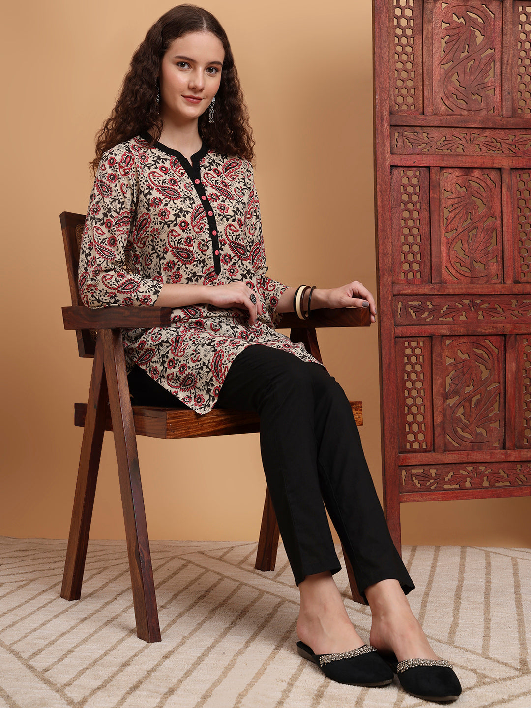 Women's Hand Block Prints Cream Color Kurti
