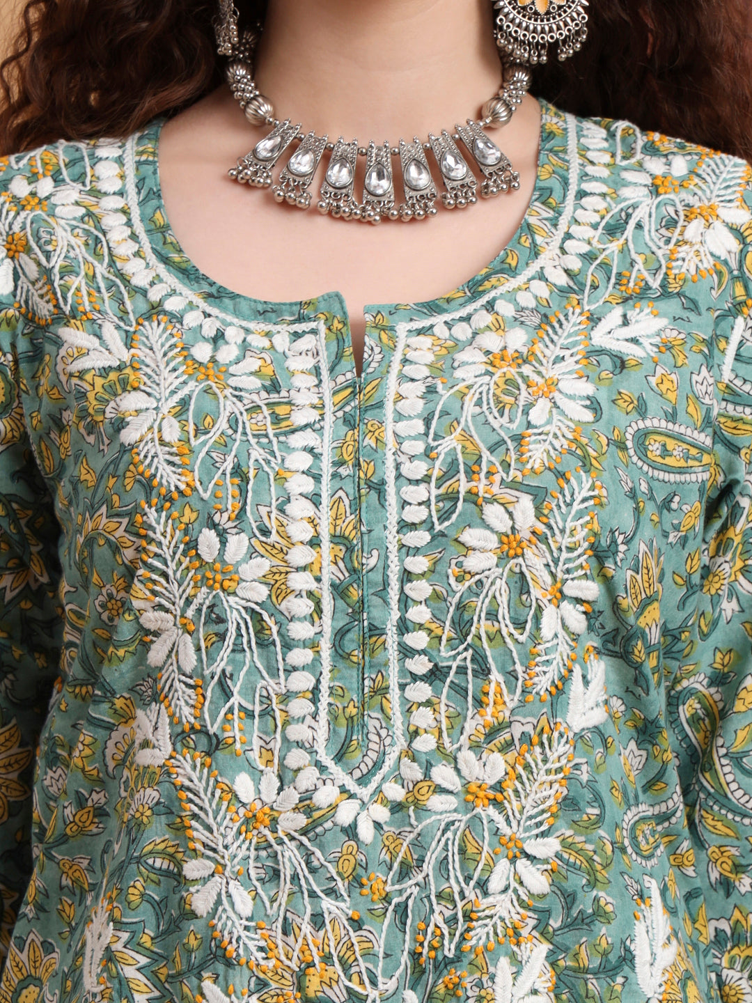 Women's Hand Block Green Color Chikankari Kurta Set