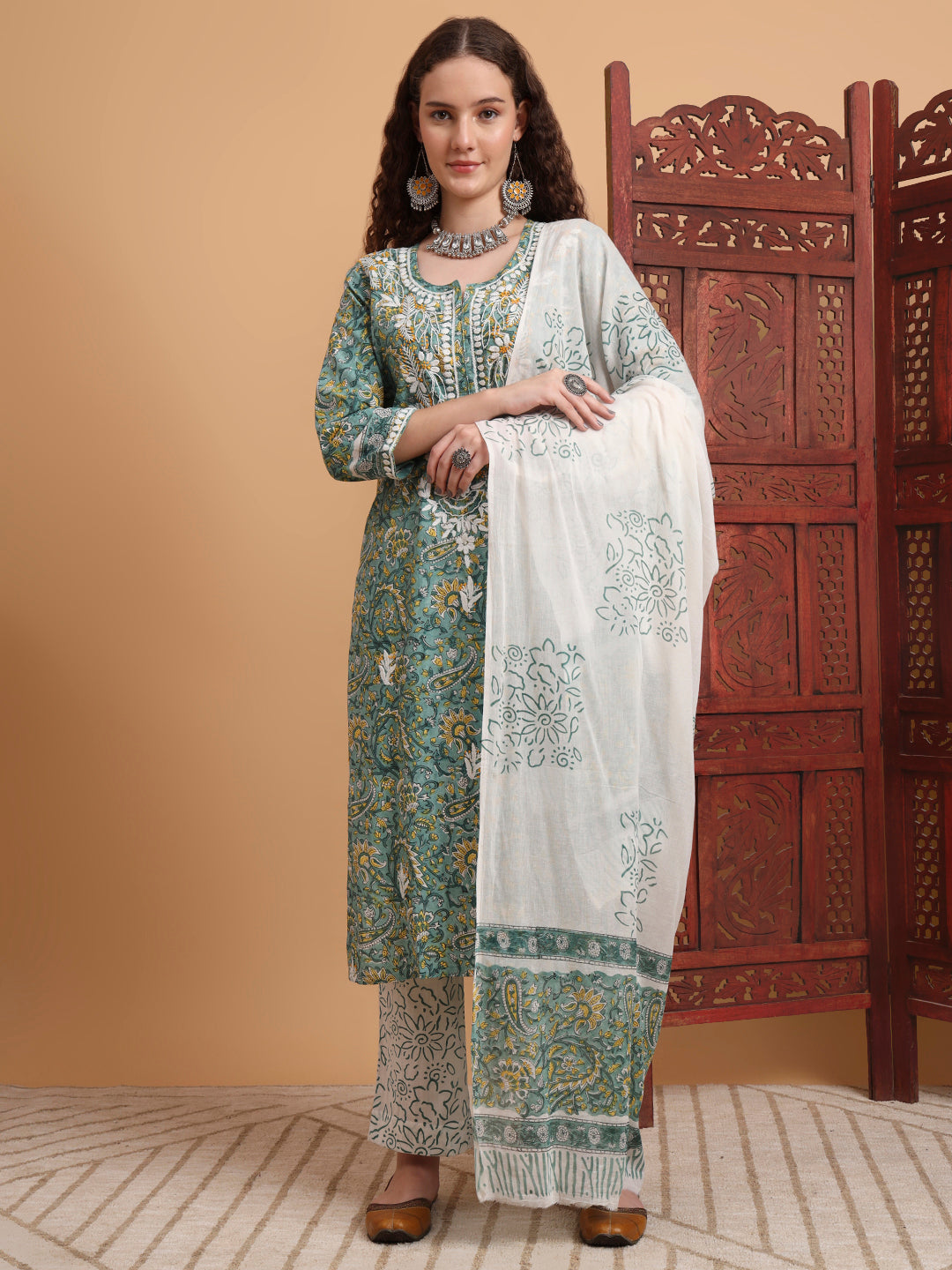 Women's Hand Block Green Color Chikankari Kurta Set