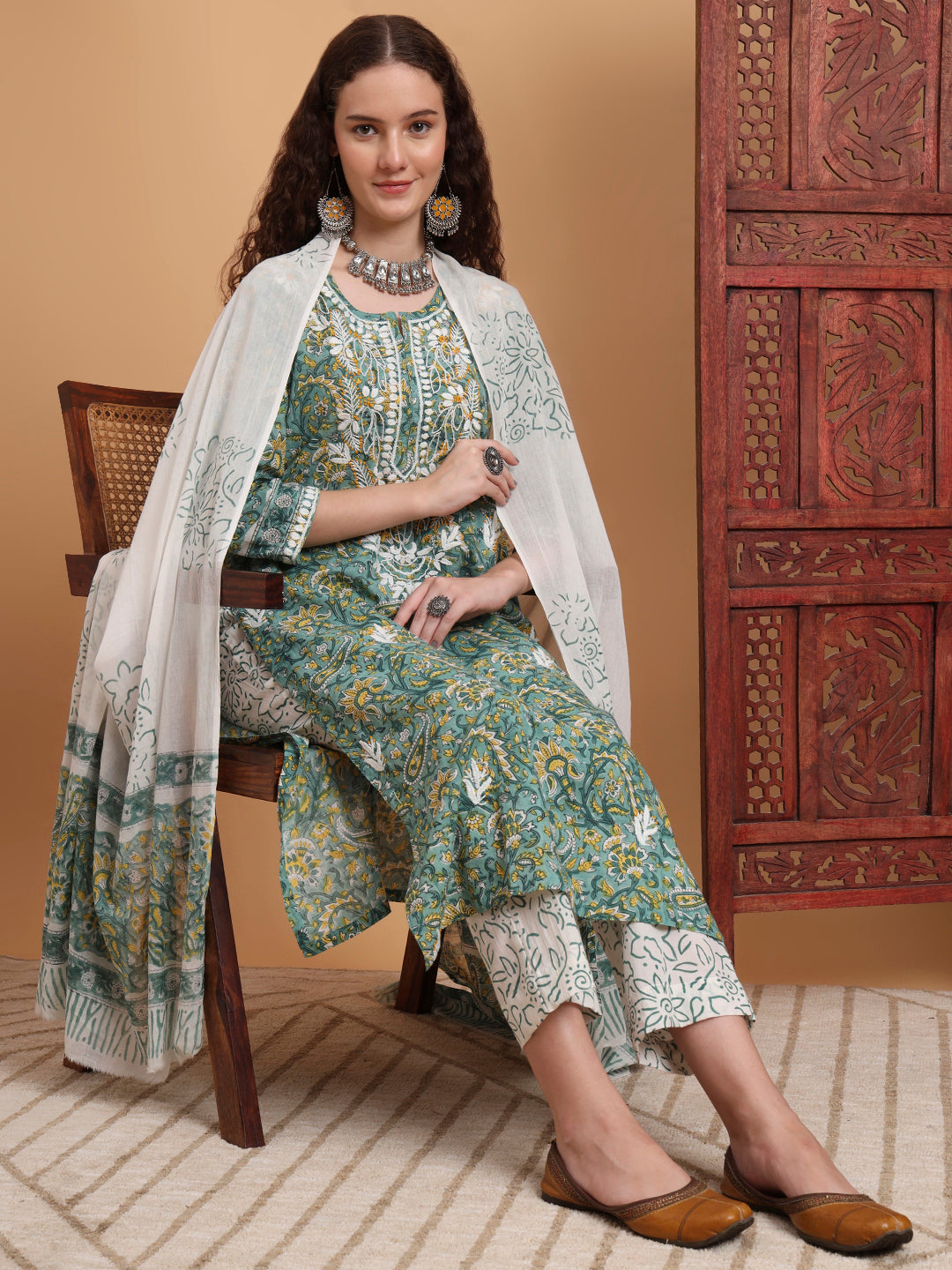 Women's Hand Block Green Color Chikankari Kurta Set