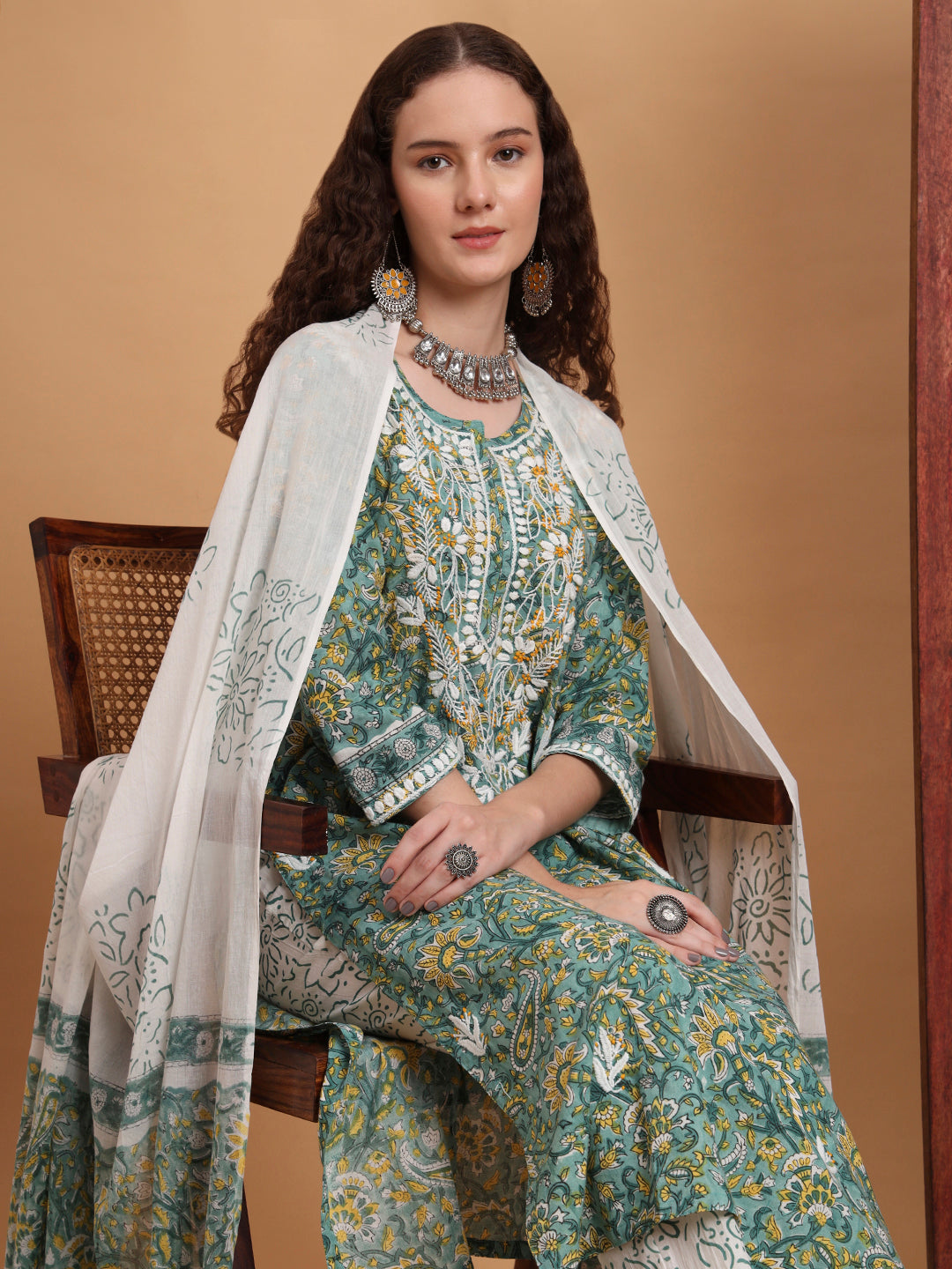 Women's Hand Block Green Color Chikankari Kurta Set