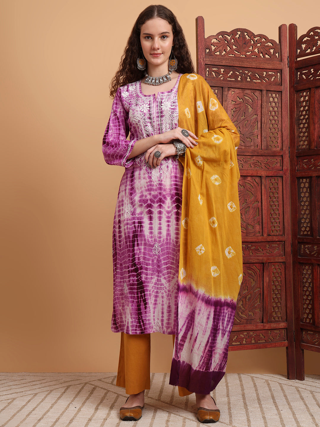 Women's Hand Block Print Purple Color Chikankari Kurta Set