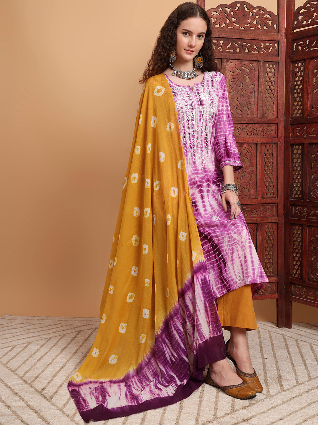 Women's Hand Block Print Purple Color Chikankari Kurta Set