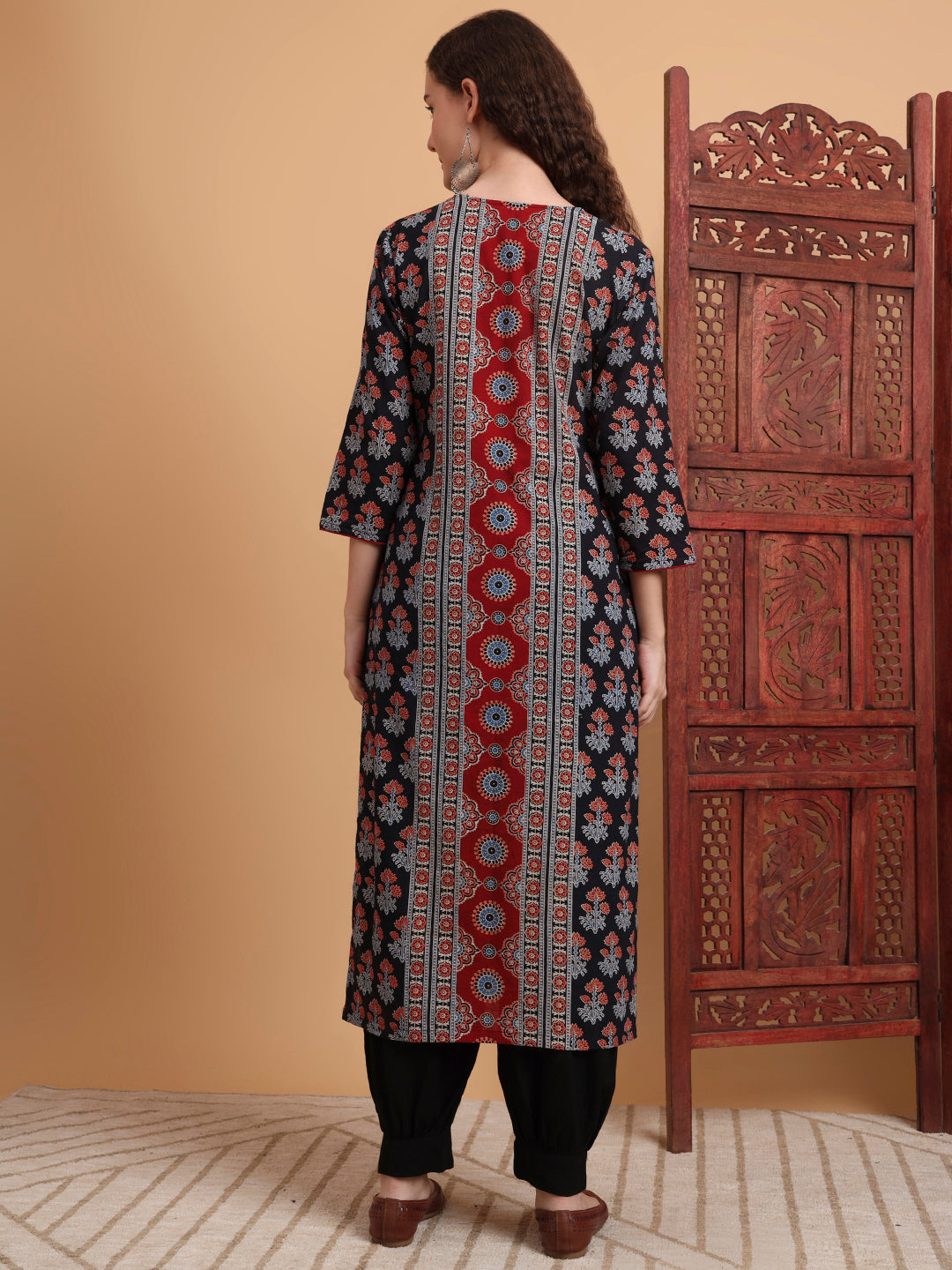 Women's Hand Block Ajrak Print Zardosi Embroidery