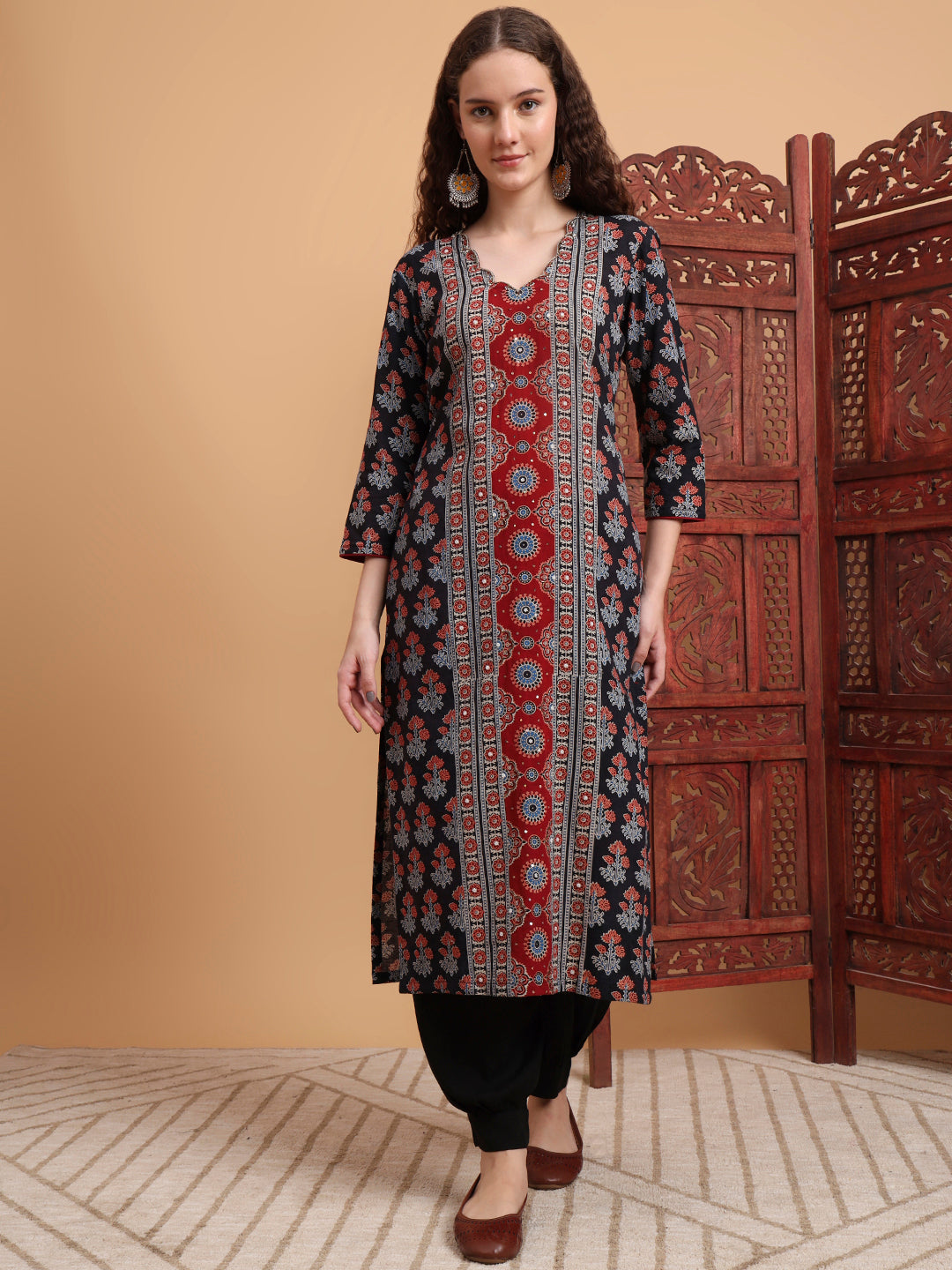 Women's Hand Block Ajrak Print Zardosi Embroidery