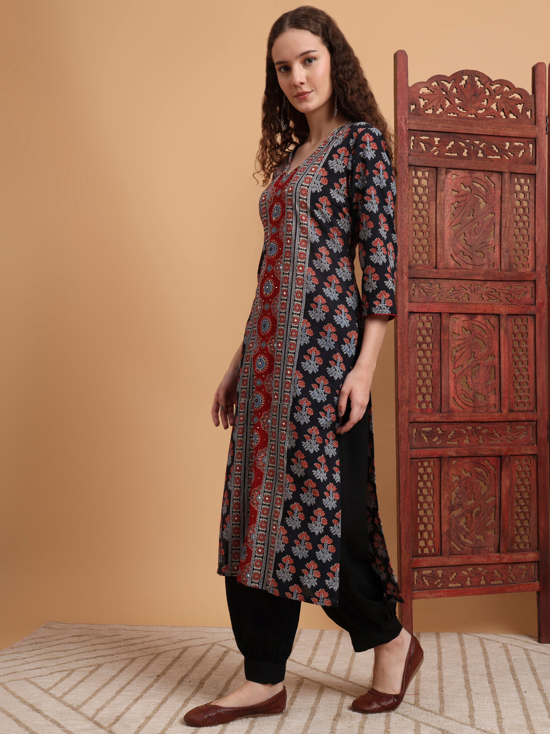 Women's Hand Block Ajrak Print Zardosi Embroidery