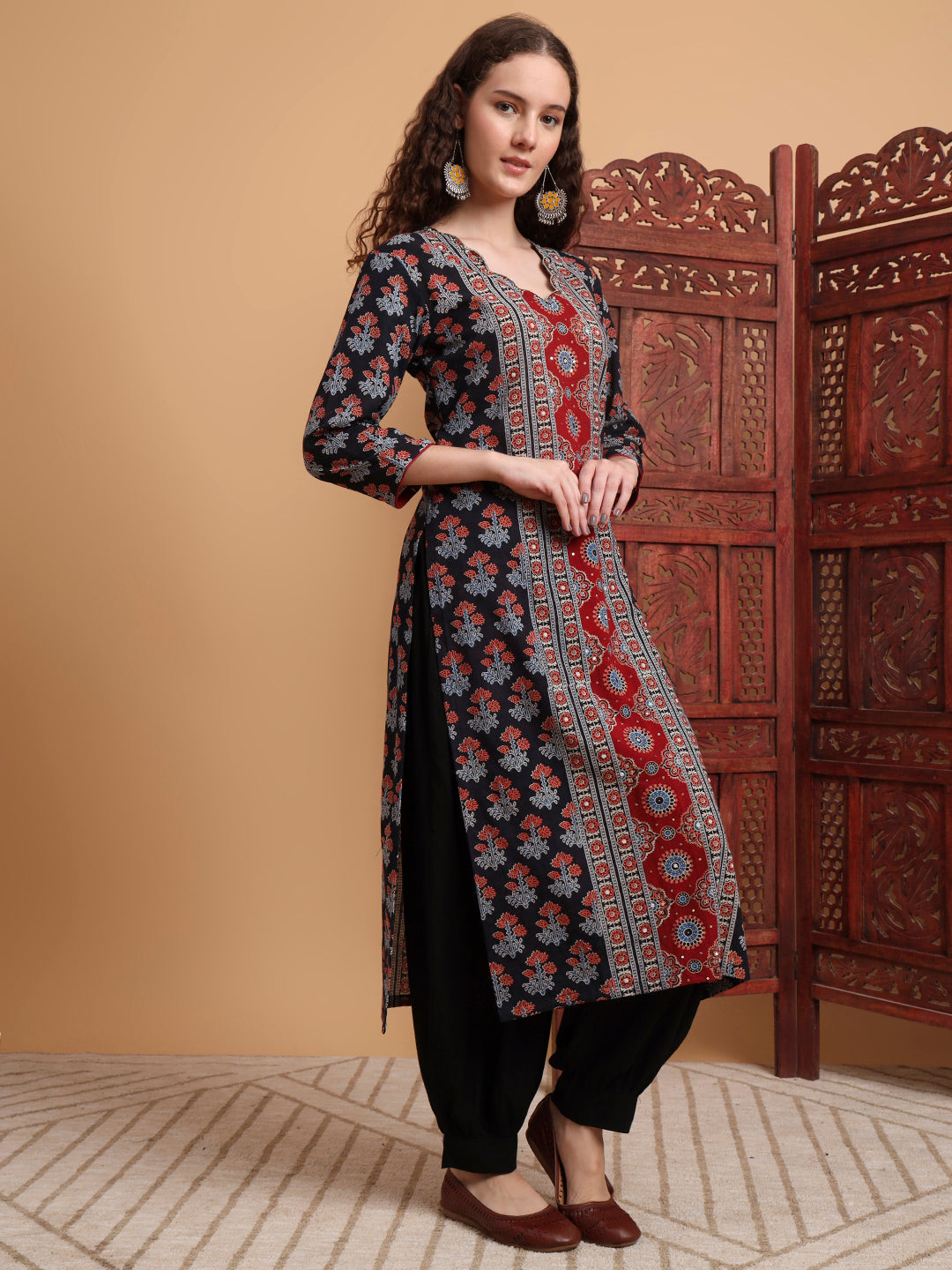Women's Hand Block Ajrak Print Zardosi Embroidery