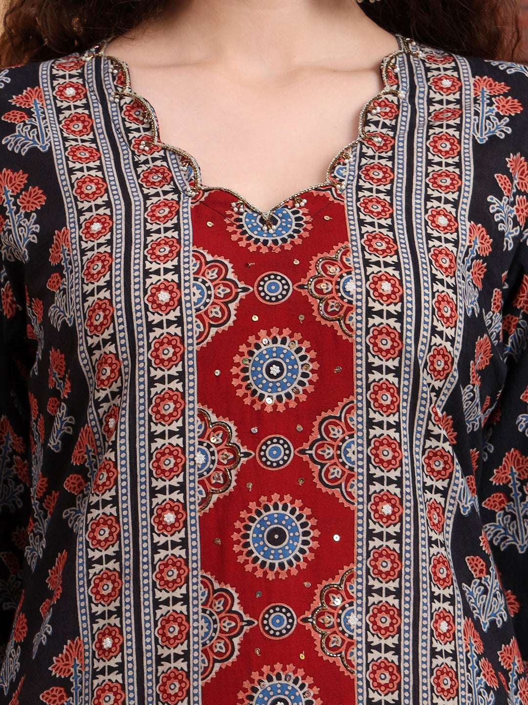 Women's Hand Block Ajrak Print Zardosi Embroidery